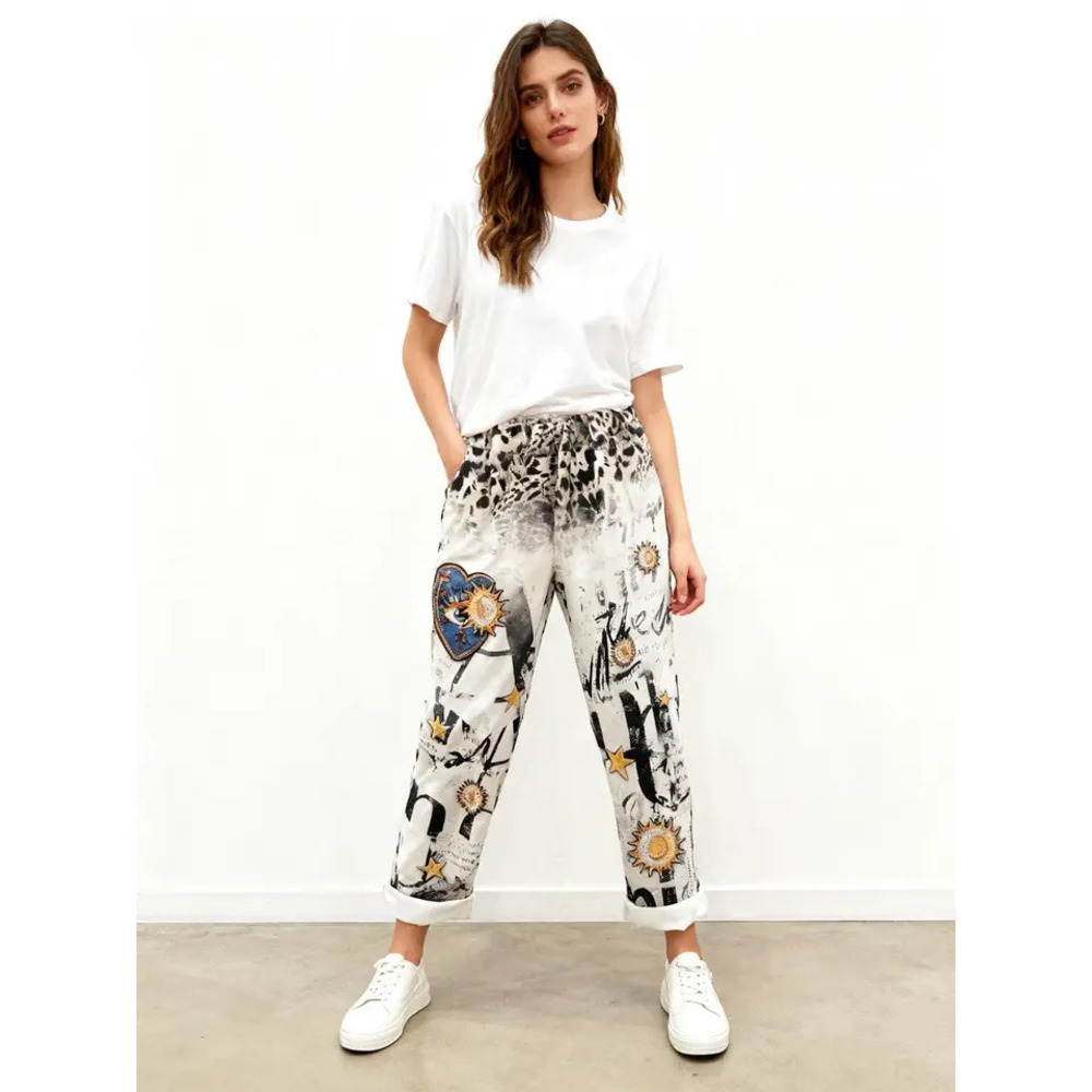 L501 Loowie Beige Heart Sun Star Print Pants One Size